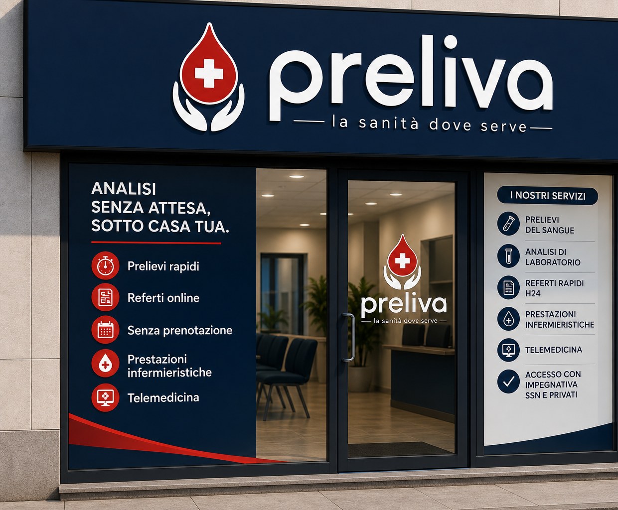 Vetrina di un punto prelievi Preliva con insegna blu navy e servizi elencati sui vetri